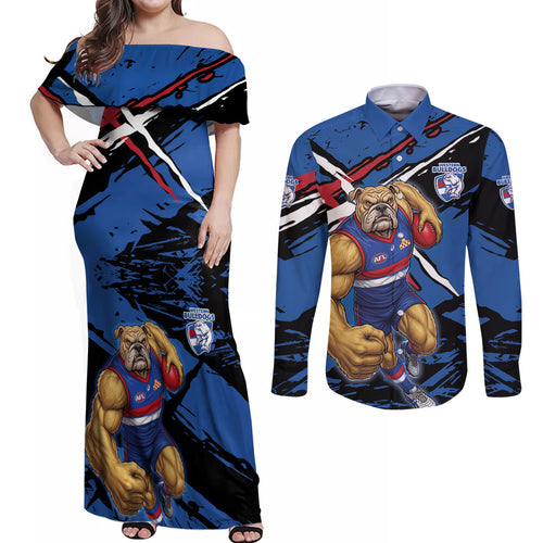 Western Bulldogs Couples Matching Off Shoulder Maxi Dress and Long Sleeve Button Shirt Footscray Muscular Mascot Graphic - Abstract Paint Splatter Art