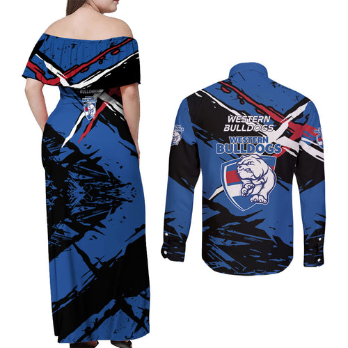 Western Bulldogs Couples Matching Off Shoulder Maxi Dress and Long Sleeve Button Shirt Footscray Muscular Mascot Graphic - Abstract Paint Splatter Art