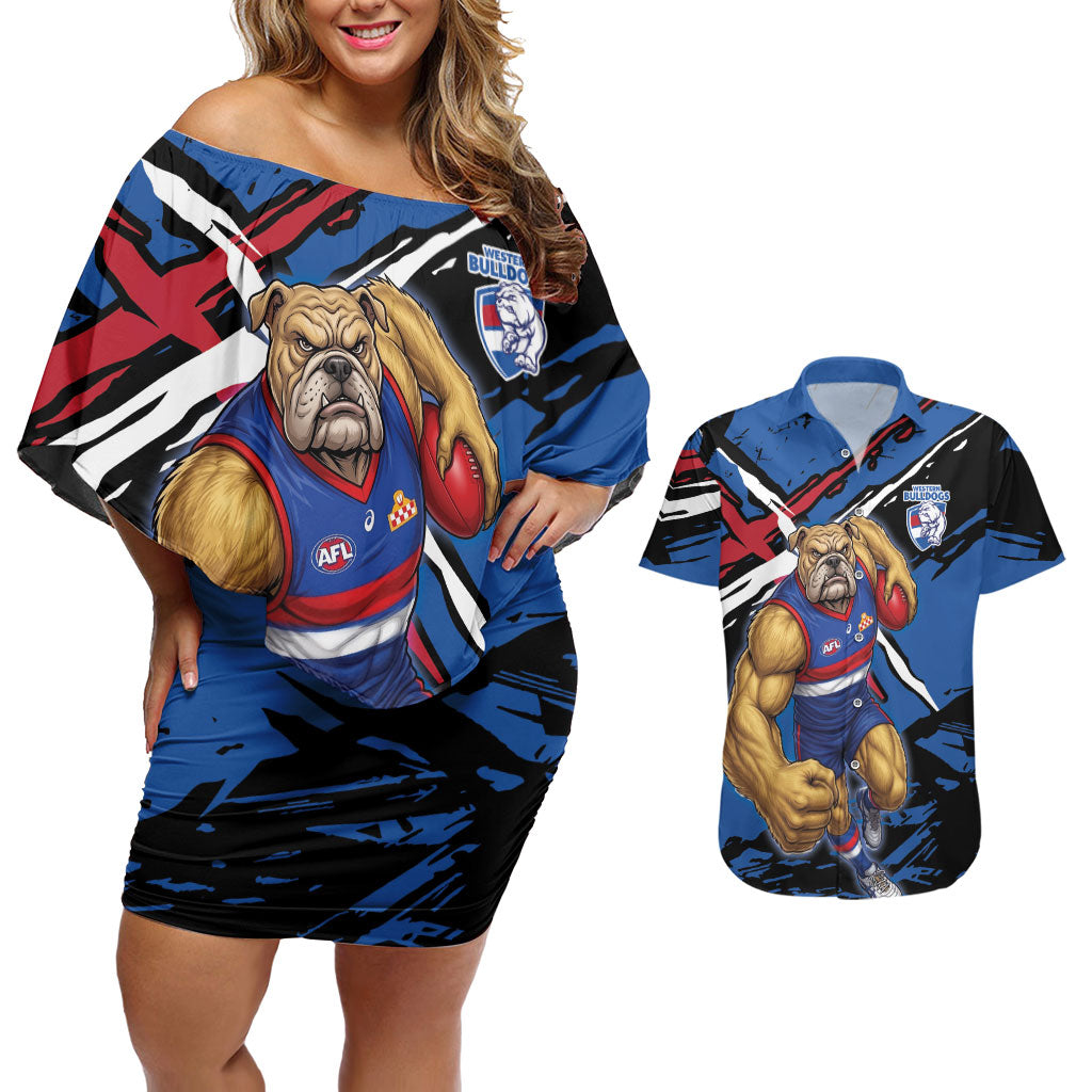 Western Bulldogs Couples Matching Off Shoulder Short Dress and Hawaiian Shirt Footscray Muscular Mascot Graphic - Abstract Paint Splatter Art