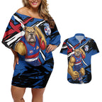 Western Bulldogs Couples Matching Off Shoulder Short Dress and Hawaiian Shirt Footscray Muscular Mascot Graphic - Abstract Paint Splatter Art