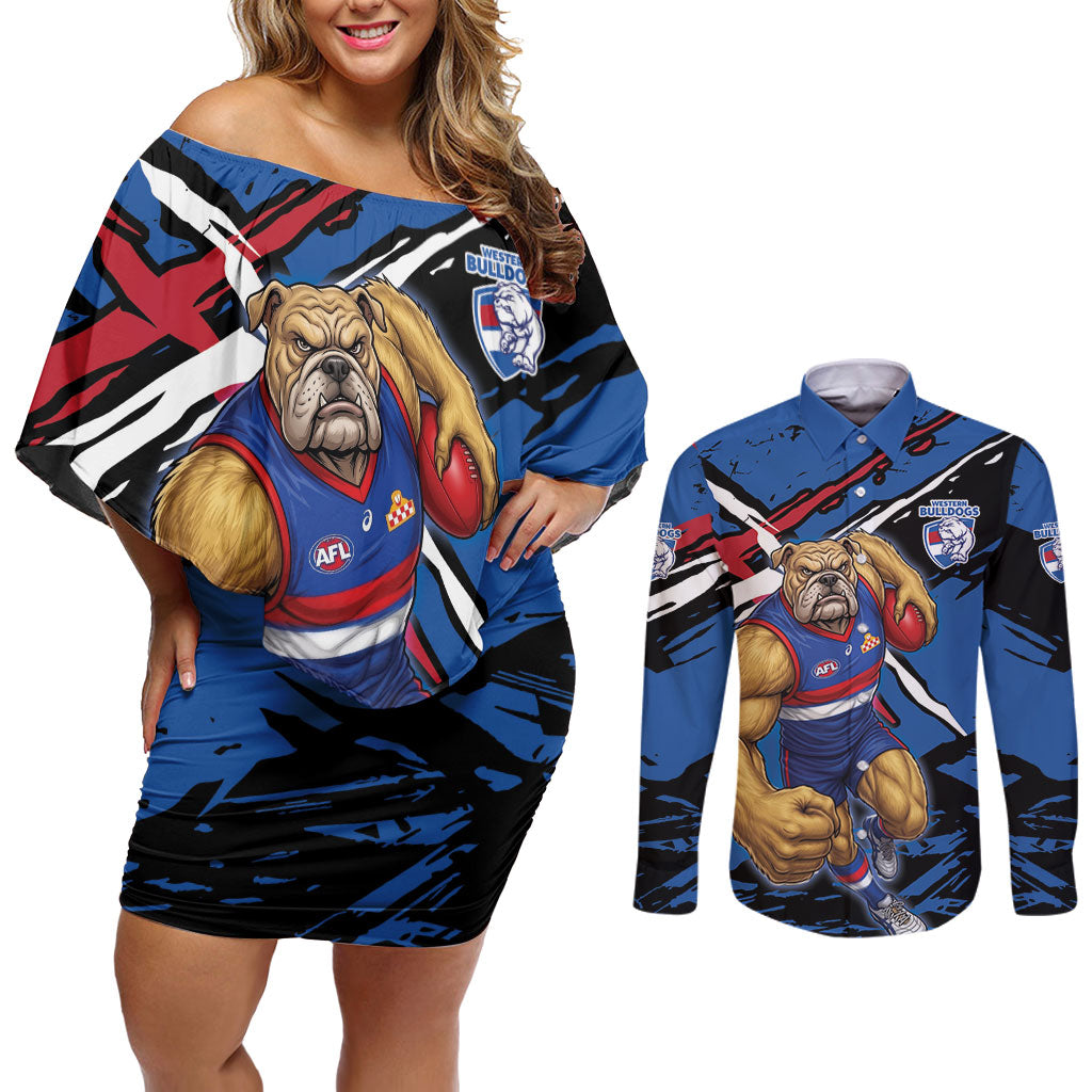 Western Bulldogs Couples Matching Off Shoulder Short Dress and Long Sleeve Button Shirt Footscray Muscular Mascot Graphic - Abstract Paint Splatter Art