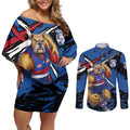 Western Bulldogs Couples Matching Off Shoulder Short Dress and Long Sleeve Button Shirt Footscray Muscular Mascot Graphic - Abstract Paint Splatter Art