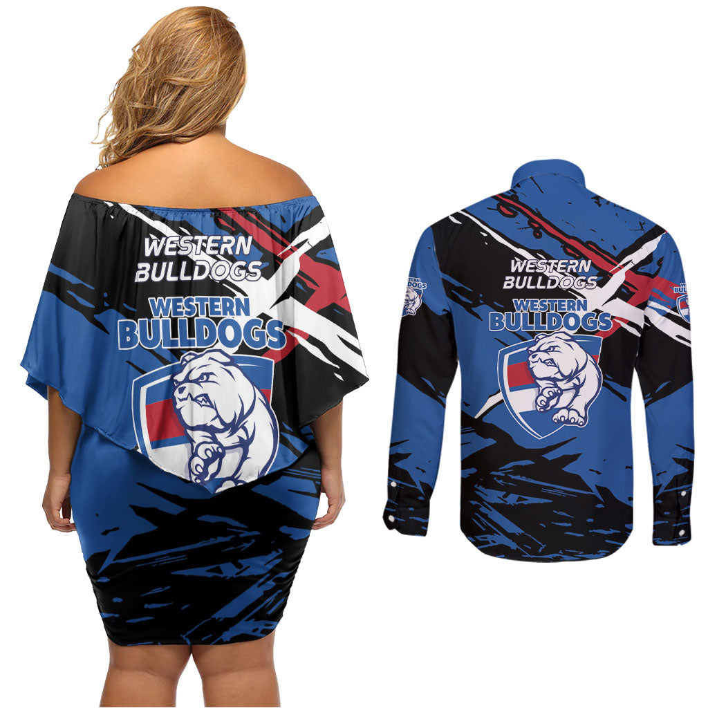 Western Bulldogs Couples Matching Off Shoulder Short Dress and Long Sleeve Button Shirt Footscray Muscular Mascot Graphic - Abstract Paint Splatter Art