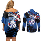 Western Bulldogs Couples Matching Off Shoulder Short Dress and Long Sleeve Button Shirt Footscray Muscular Mascot Graphic - Abstract Paint Splatter Art