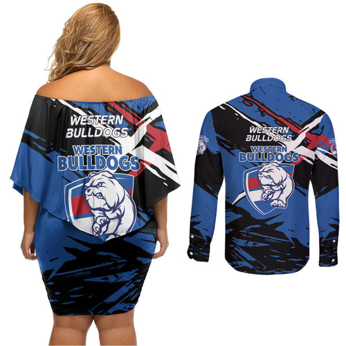 Western Bulldogs Couples Matching Off Shoulder Short Dress and Long Sleeve Button Shirt Footscray Muscular Mascot Graphic - Abstract Paint Splatter Art