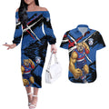 Western Bulldogs Couples Matching Off The Shoulder Long Sleeve Dress and Hawaiian Shirt Footscray Muscular Mascot Graphic - Abstract Paint Splatter Art