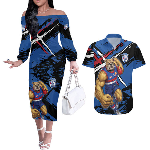 Western Bulldogs Couples Matching Off The Shoulder Long Sleeve Dress and Hawaiian Shirt Footscray Muscular Mascot Graphic - Abstract Paint Splatter Art