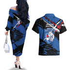 Western Bulldogs Couples Matching Off The Shoulder Long Sleeve Dress and Hawaiian Shirt Footscray Muscular Mascot Graphic - Abstract Paint Splatter Art