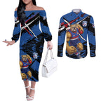 Western Bulldogs Couples Matching Off The Shoulder Long Sleeve Dress and Long Sleeve Button Shirt Footscray Muscular Mascot Graphic - Abstract Paint Splatter Art