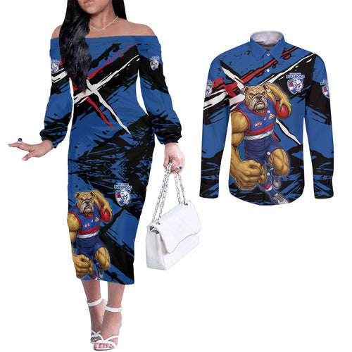 Western Bulldogs Couples Matching Off The Shoulder Long Sleeve Dress and Long Sleeve Button Shirt Footscray Muscular Mascot Graphic - Abstract Paint Splatter Art