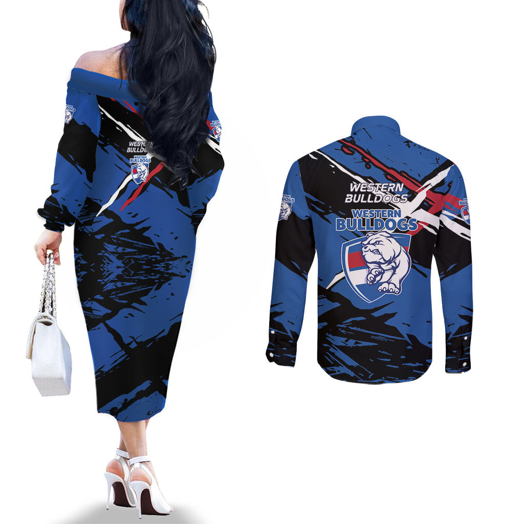 Western Bulldogs Couples Matching Off The Shoulder Long Sleeve Dress and Long Sleeve Button Shirt Footscray Muscular Mascot Graphic - Abstract Paint Splatter Art