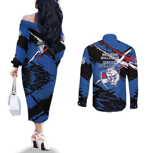 Western Bulldogs Couples Matching Off The Shoulder Long Sleeve Dress and Long Sleeve Button Shirt Footscray Muscular Mascot Graphic - Abstract Paint Splatter Art