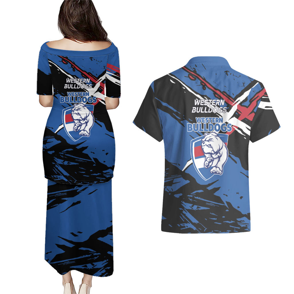Western Bulldogs Couples Matching Puletasi and Hawaiian Shirt Footscray Muscular Mascot Graphic - Abstract Paint Splatter Art