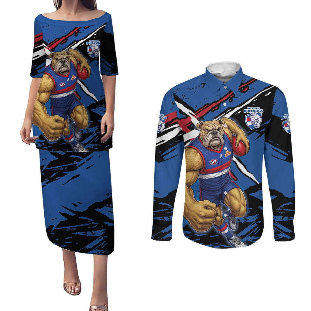 Western Bulldogs Couples Matching Puletasi and Long Sleeve Button Shirt Footscray Muscular Mascot Graphic - Abstract Paint Splatter Art