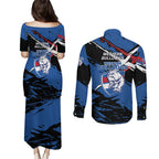 Western Bulldogs Couples Matching Puletasi and Long Sleeve Button Shirt Footscray Muscular Mascot Graphic - Abstract Paint Splatter Art