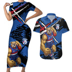 Western Bulldogs Couples Matching Short Sleeve Bodycon Dress and Hawaiian Shirt Footscray Muscular Mascot Graphic - Abstract Paint Splatter Art