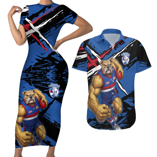 Western Bulldogs Couples Matching Short Sleeve Bodycon Dress and Hawaiian Shirt Footscray Muscular Mascot Graphic - Abstract Paint Splatter Art