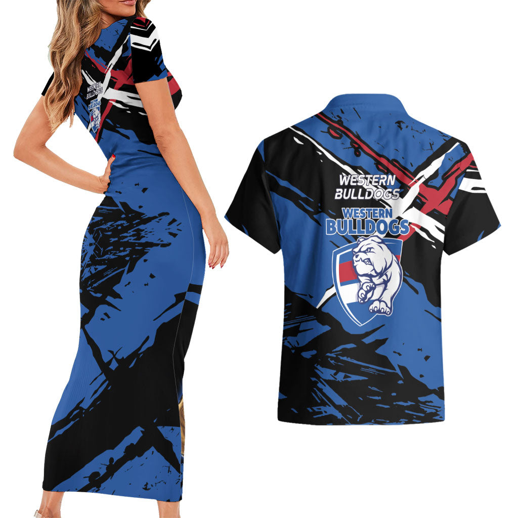 Western Bulldogs Couples Matching Short Sleeve Bodycon Dress and Hawaiian Shirt Footscray Muscular Mascot Graphic - Abstract Paint Splatter Art