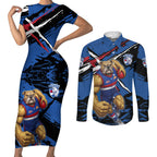Western Bulldogs Couples Matching Short Sleeve Bodycon Dress and Long Sleeve Button Shirt Footscray Muscular Mascot Graphic - Abstract Paint Splatter Art