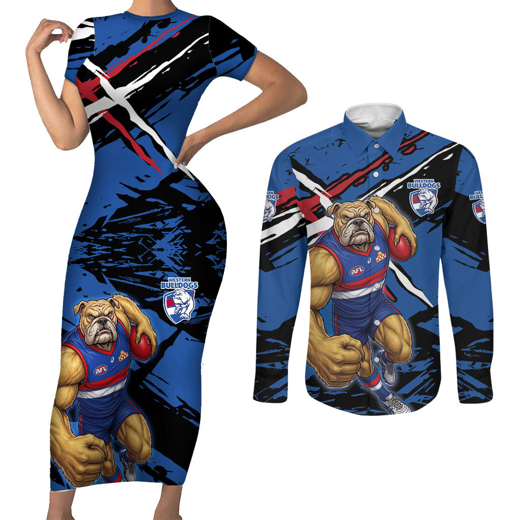 Western Bulldogs Couples Matching Short Sleeve Bodycon Dress and Long Sleeve Button Shirt Footscray Muscular Mascot Graphic - Abstract Paint Splatter Art