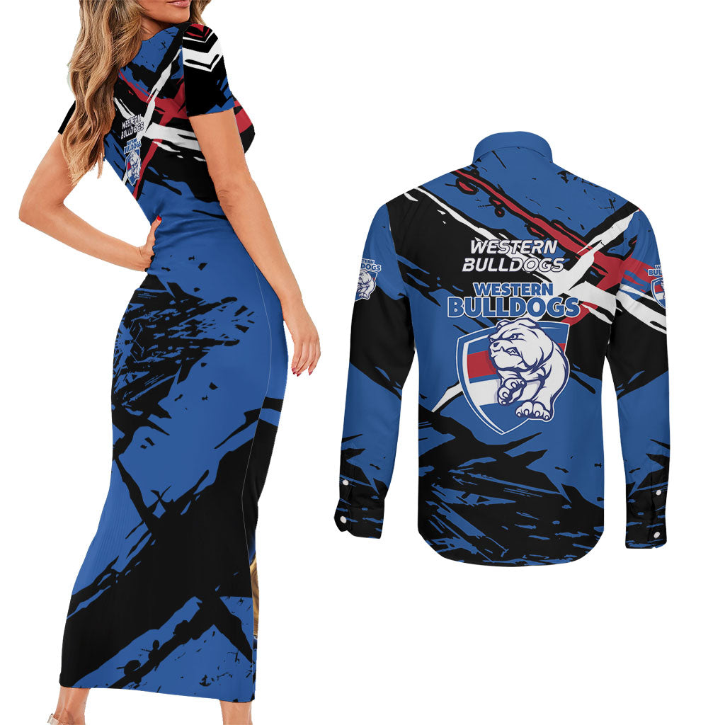 Western Bulldogs Couples Matching Short Sleeve Bodycon Dress and Long Sleeve Button Shirt Footscray Muscular Mascot Graphic - Abstract Paint Splatter Art