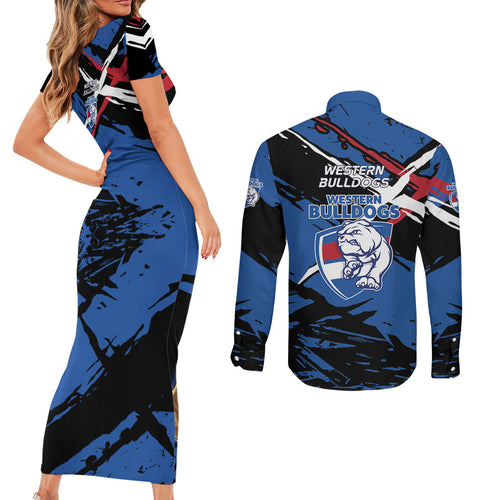 Western Bulldogs Couples Matching Short Sleeve Bodycon Dress and Long Sleeve Button Shirt Footscray Muscular Mascot Graphic - Abstract Paint Splatter Art