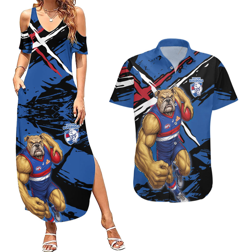 Western Bulldogs Couples Matching Summer Maxi Dress and Hawaiian Shirt Footscray Muscular Mascot Graphic - Abstract Paint Splatter Art
