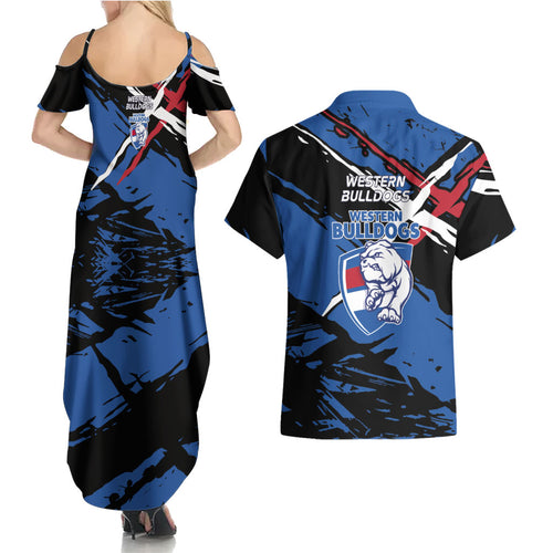Western Bulldogs Couples Matching Summer Maxi Dress and Hawaiian Shirt Footscray Muscular Mascot Graphic - Abstract Paint Splatter Art