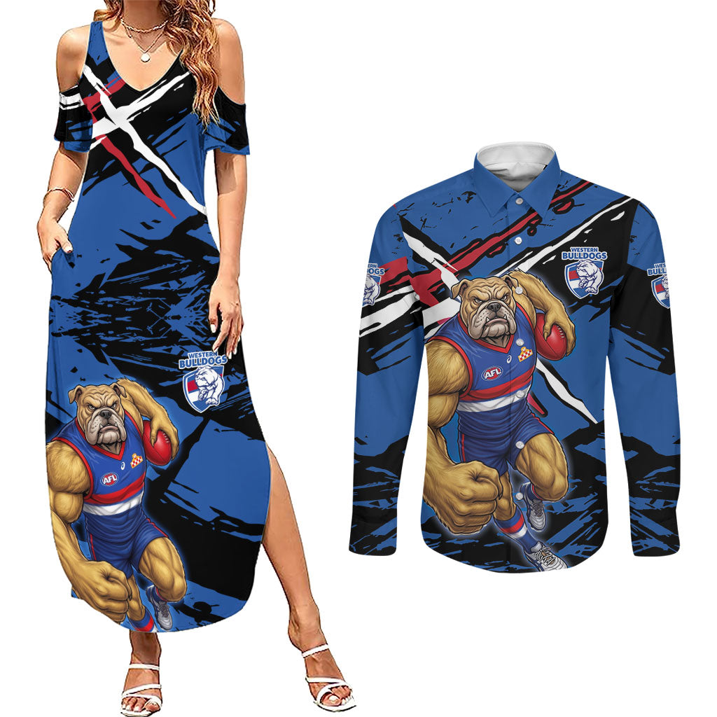 Western Bulldogs Couples Matching Summer Maxi Dress and Long Sleeve Button Shirt Footscray Muscular Mascot Graphic - Abstract Paint Splatter Art