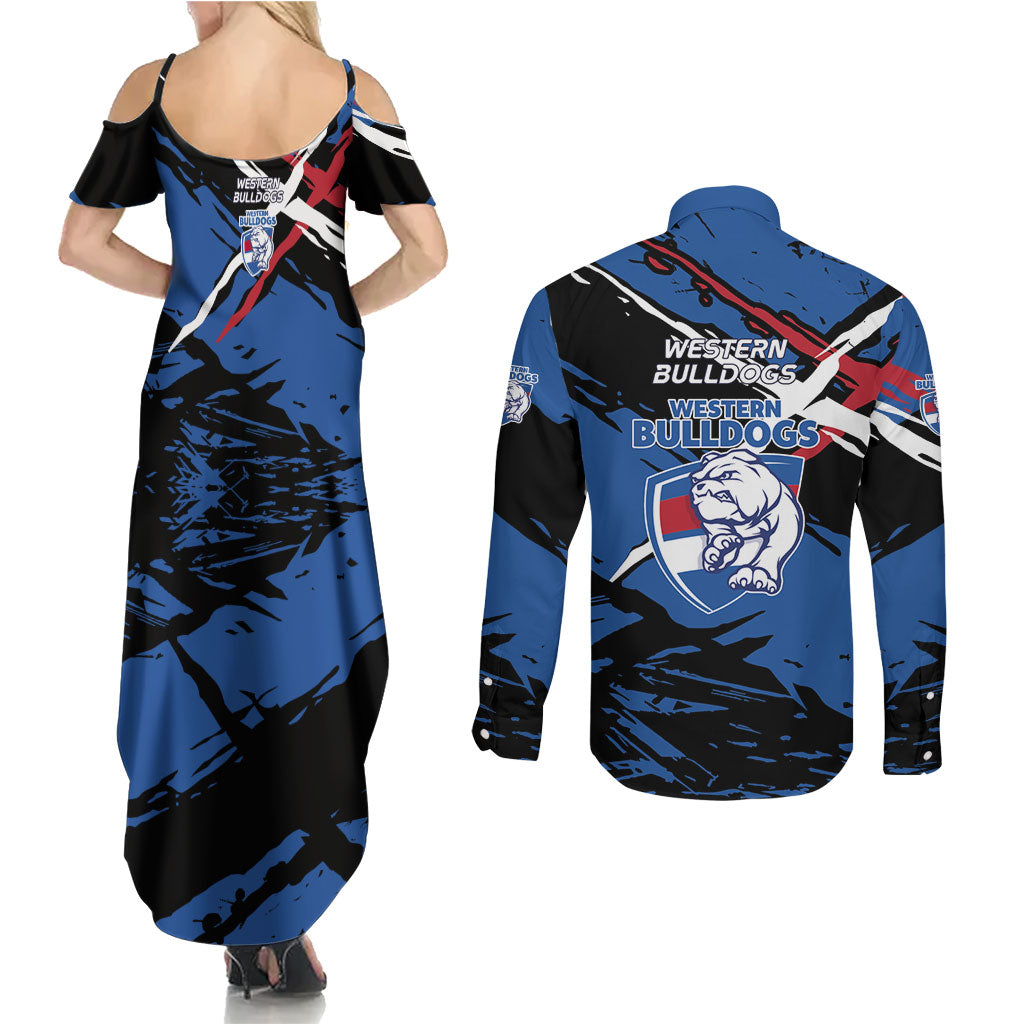 Western Bulldogs Couples Matching Summer Maxi Dress and Long Sleeve Button Shirt Footscray Muscular Mascot Graphic - Abstract Paint Splatter Art