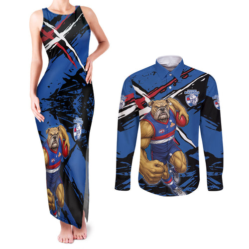 Western Bulldogs Couples Matching Tank Maxi Dress and Long Sleeve Button Shirt Footscray Muscular Mascot Graphic - Abstract Paint Splatter Art