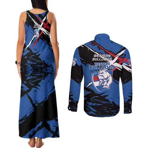 Western Bulldogs Couples Matching Tank Maxi Dress and Long Sleeve Button Shirt Footscray Muscular Mascot Graphic - Abstract Paint Splatter Art