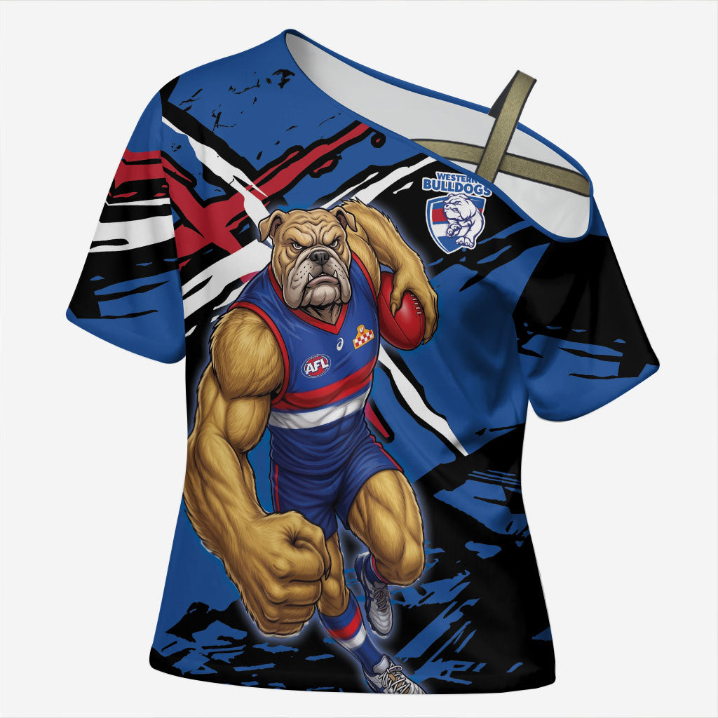 Western Bulldogs Cross Shoulder Shirt Footscray Muscular Mascot Graphic - Abstract Paint Splatter Art