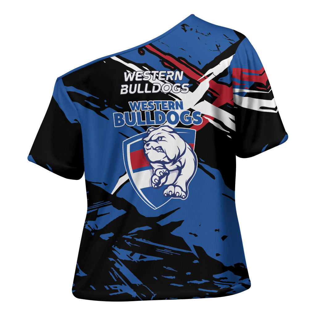 Western Bulldogs Cross Shoulder Shirt Footscray Muscular Mascot Graphic - Abstract Paint Splatter Art