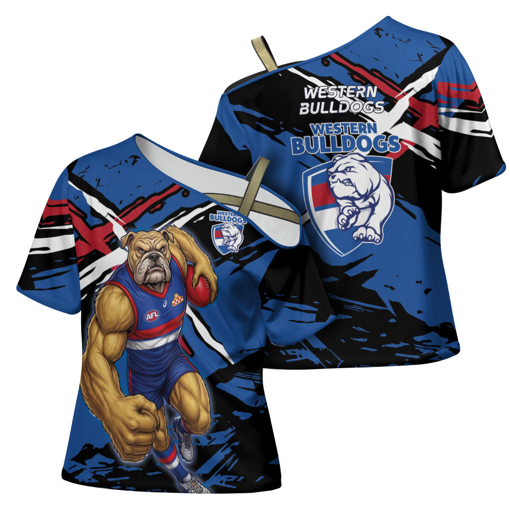 Western Bulldogs Cross Shoulder Shirt Footscray Muscular Mascot Graphic - Abstract Paint Splatter Art