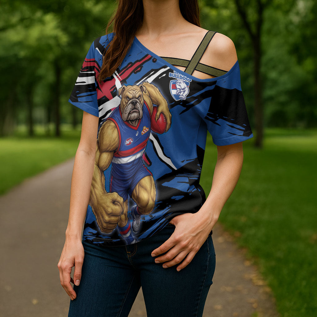 Western Bulldogs Cross Shoulder Shirt Footscray Muscular Mascot Graphic - Abstract Paint Splatter Art