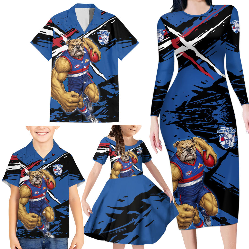 Western Bulldogs Family Matching Long Sleeve Bodycon Dress and Hawaiian Shirt Footscray Muscular Mascot Graphic - Abstract Paint Splatter Art