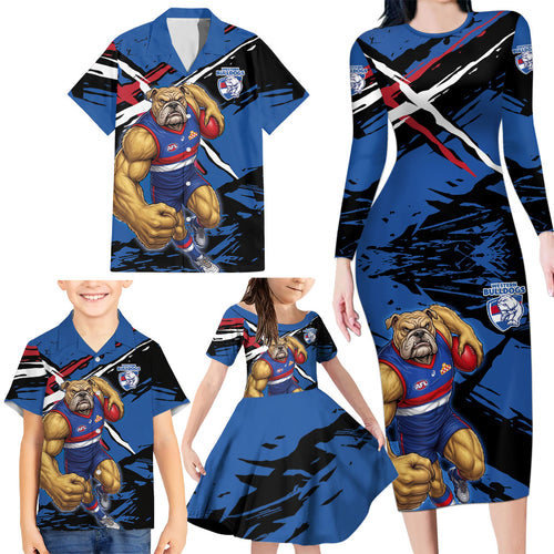 Western Bulldogs Family Matching Long Sleeve Bodycon Dress and Hawaiian Shirt Footscray Muscular Mascot Graphic - Abstract Paint Splatter Art