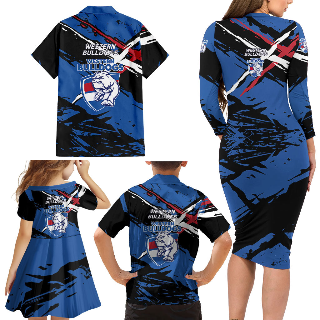 Western Bulldogs Family Matching Long Sleeve Bodycon Dress and Hawaiian Shirt Footscray Muscular Mascot Graphic - Abstract Paint Splatter Art