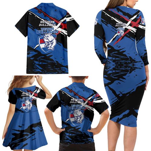 Western Bulldogs Family Matching Long Sleeve Bodycon Dress and Hawaiian Shirt Footscray Muscular Mascot Graphic - Abstract Paint Splatter Art