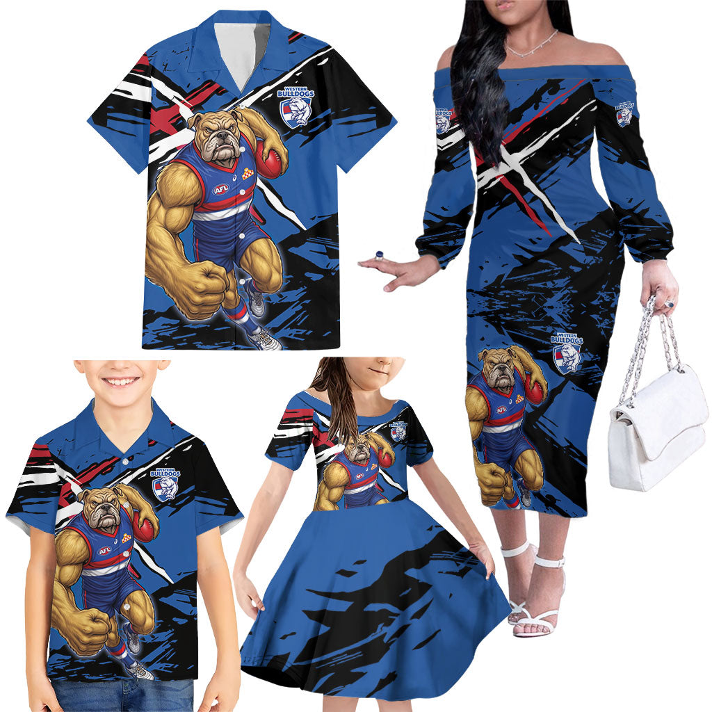 Western Bulldogs Family Matching Off The Shoulder Long Sleeve Dress and Hawaiian Shirt Footscray Muscular Mascot Graphic - Abstract Paint Splatter Art