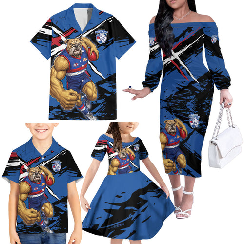 Western Bulldogs Family Matching Off The Shoulder Long Sleeve Dress and Hawaiian Shirt Footscray Muscular Mascot Graphic - Abstract Paint Splatter Art