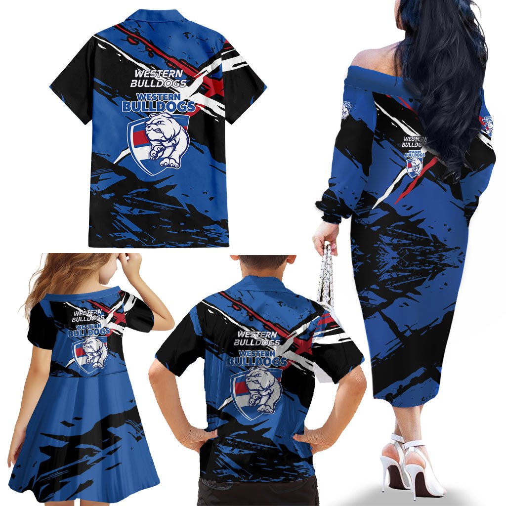 Western Bulldogs Family Matching Off The Shoulder Long Sleeve Dress and Hawaiian Shirt Footscray Muscular Mascot Graphic - Abstract Paint Splatter Art