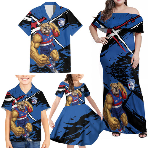 Western Bulldogs Family Matching Off Shoulder Maxi Dress and Hawaiian Shirt Footscray Muscular Mascot Graphic - Abstract Paint Splatter Art