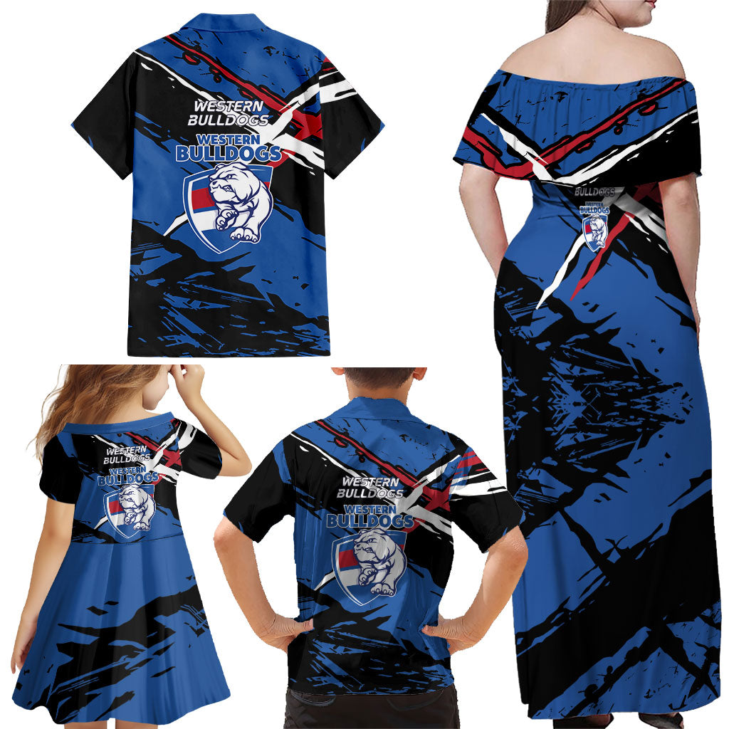 Western Bulldogs Family Matching Off Shoulder Maxi Dress and Hawaiian Shirt Footscray Muscular Mascot Graphic - Abstract Paint Splatter Art
