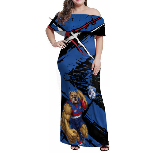 Western Bulldogs Family Matching Off Shoulder Maxi Dress and Hawaiian Shirt Footscray Muscular Mascot Graphic - Abstract Paint Splatter Art