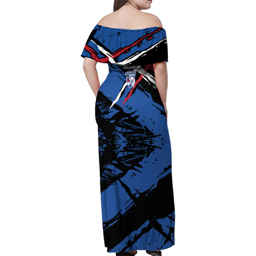 Western Bulldogs Family Matching Off Shoulder Maxi Dress and Hawaiian Shirt Footscray Muscular Mascot Graphic - Abstract Paint Splatter Art