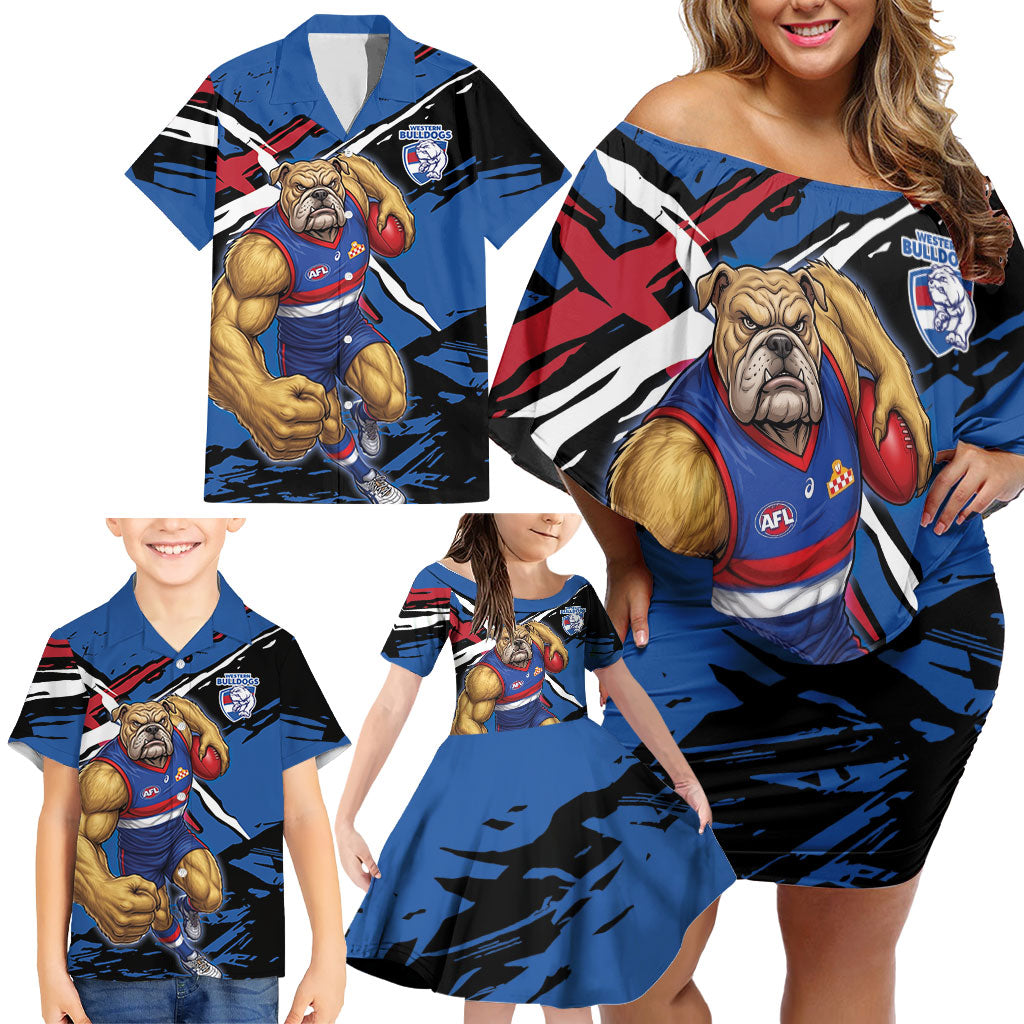 Western Bulldogs Family Matching Off Shoulder Short Dress and Hawaiian Shirt Footscray Muscular Mascot Graphic - Abstract Paint Splatter Art