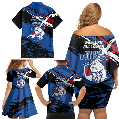 Western Bulldogs Family Matching Off Shoulder Short Dress and Hawaiian Shirt Footscray Muscular Mascot Graphic - Abstract Paint Splatter Art