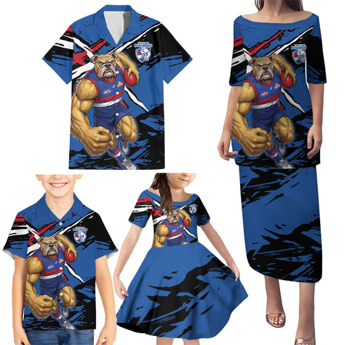 Western Bulldogs Family Matching Puletasi and Hawaiian Shirt Footscray Muscular Mascot Graphic - Abstract Paint Splatter Art